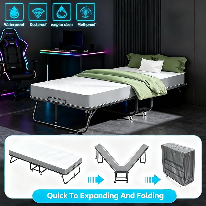 Pataku Folding Bed with Mattress, Twin Foldable Bed, Roll Away Beds for Adults, 75" x 38" Roll Away Portable Beds with 5" Mattress, Folded Frame for Small Apartment, Guest Room