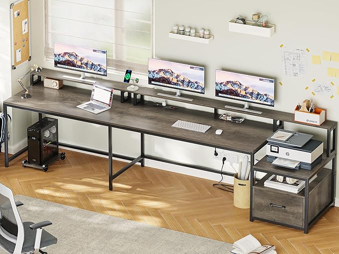 SEDETA L Shaped Desk, 66" Home Office Desk with Wood File Drawer, Power Outlet, Corner Computer Desk with Monitor Shelf, Printer Storage Shelves, Gaming Desk with Led Lights, Two Person Desk, Walnut