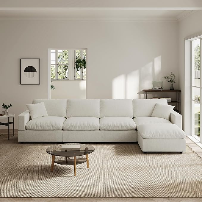 Modern Sectional Linen Couch for Living Room L-Shape Sofas,5 Seat Modular Cloud Sofas,Couches Cushion Covers Removable,Cozy Feather Down Sofa for Apartment Cream White
