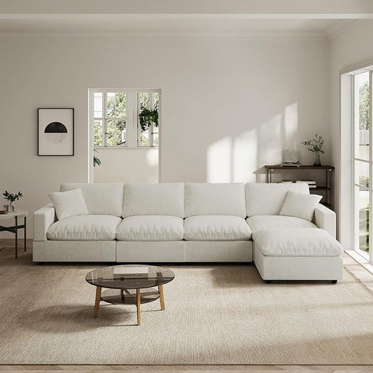 Modern Sectional Linen Couch for Living Room L-Shape Sofas,5 Seat Modular Cloud Sofas,Couches Cushion Covers Removable,Cozy Feather Down Sofa for Apartment Cream White