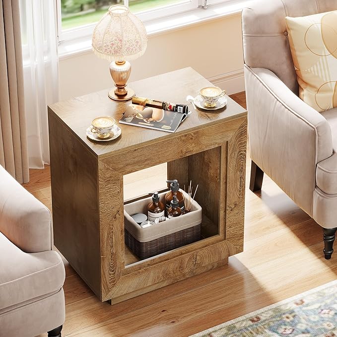 Tribesigns Rustic Wood End Table, 2 Tiered Square Side Table with Storage Shelf, Industrial Sofa Side Table for Living Room, Entrance (1, Natural)