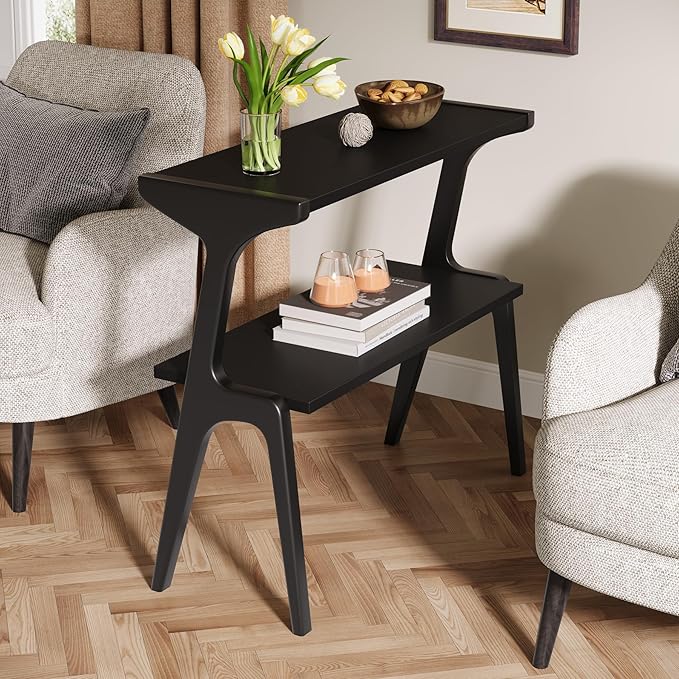 Tribesigns Solid Wood End Table, 2-Tier Modern Slim Couch Side Table with Storage Shelves, Tall Sofa Side Table with Cute Deer-Shaped Legs for Living Room, Skinny Bedside Nightstand for Bedroom, Black