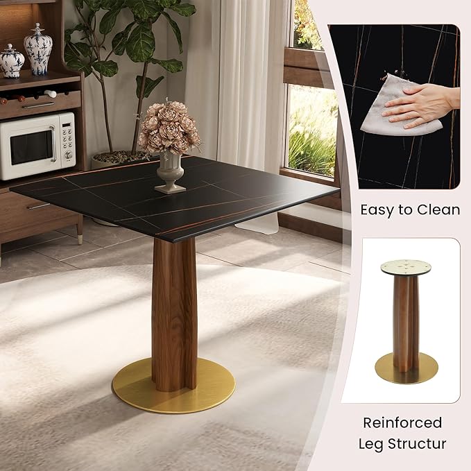 Sintered Stone Square Office Table and Chair Set - Meeting Table for Small Offices (Walnut‌ Leg and Black Top, 1 Table and 4 Chairs)