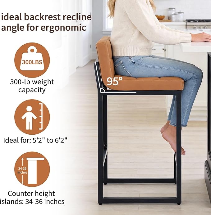 Bar Height Stools Set of 4, PU Leather Barstools Modern Counter Stools with Back and Thickened Metal Legs, Bar Chairs for Kitchen Island (Caramel Brown, 4Pcs 26" Bar Stools)