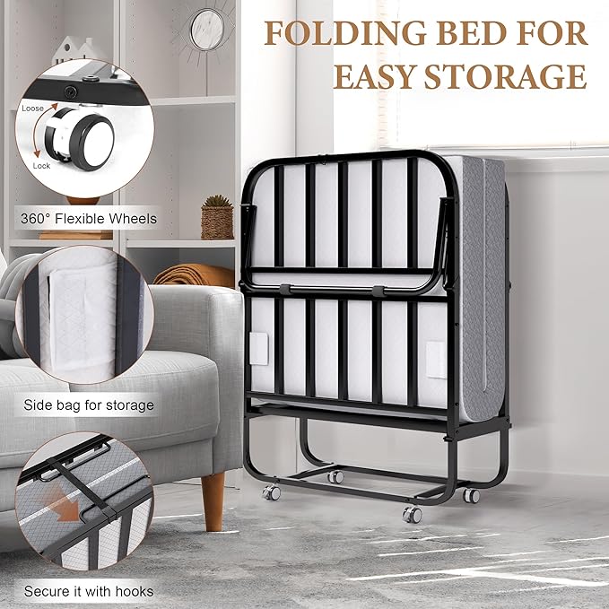 Folding Bed with Memory Foam Mattress, Portable Rollaway Guest Beds on Wheels, 75"x31" Twin Size Space-Saving Cot-Size Bed for Adults with Easy Assembly Metal Frame (White)