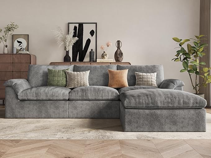 EASE MOOSE Oversized Sectional Cloud Couch for Living Room, L-Shaped Modular Boneless Sofa, Cloud Sofa Set with Fluffy Foam, 4-Seat Deep Comfy Sofa with Ottoman for Bedroom Apartment, Chenille (Grey)