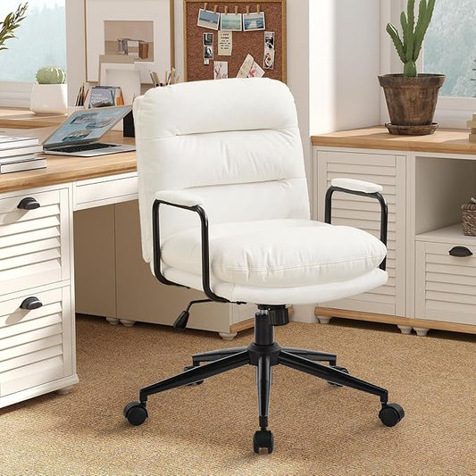 Furniliving Leather Home Desk Chair, Comfortable Executive Office Chair with Wheels, Ergonomic Computer Task Chair Adjustable Height, White