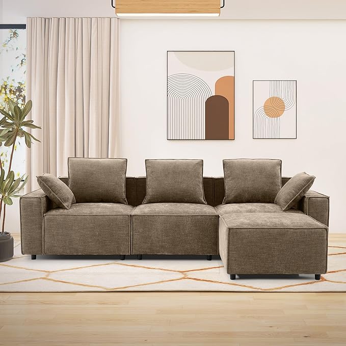WILLOVE 109'' Modular Sectional Sofa, Chenille Cloud Couch with Wide Armrests & 5 Pillows, Deep Seat Couches for Living Room, Khaki
