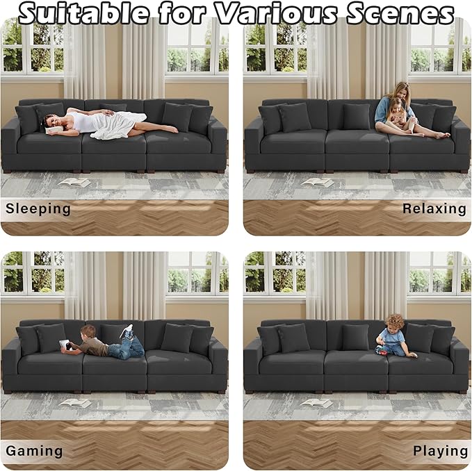 Modular Sectional Couches for Living Room, 118" Modern Upholstered 3-Seater Sofa Couche for Living Room Bedroom, Grey