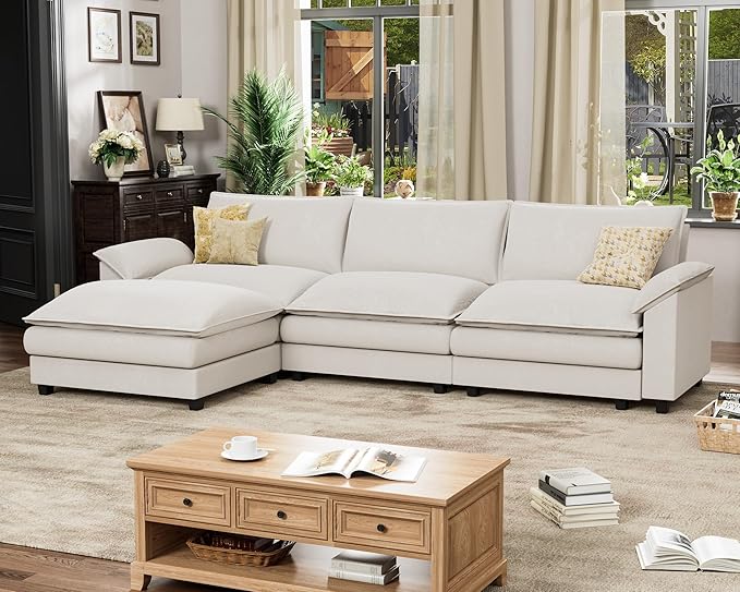 Homall Modular Sectional Sofa, Loveseat Sofa Couch with Reversible Ottoman, DIY Combination Chenille Deep Seat Cloud Couch for Living Room, Apartment (White, L Shaped Sofa)