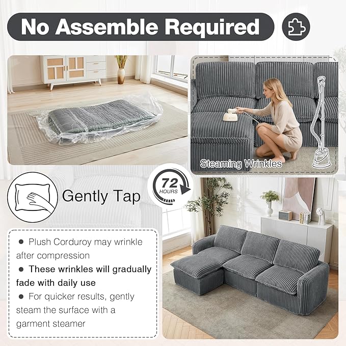 110'' Boneless Modular Cloud Couch for Living Room, Comfy Cloud Modular Sectional Couch with Ottoman, Convertible L Shaped Couches for Apartment, Dorm, No Assembly Required, Grey Corduroy
