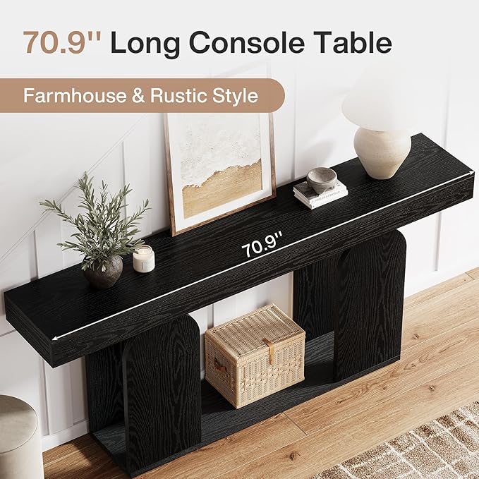 Tribesigns Farmhouse Wood Console Table, 70.9-Inch Entryway Accent Table with U-Shaped Base, 2-Tier Extra Long Sofa Tables for Entrance, Hallway, Living Room (Black)