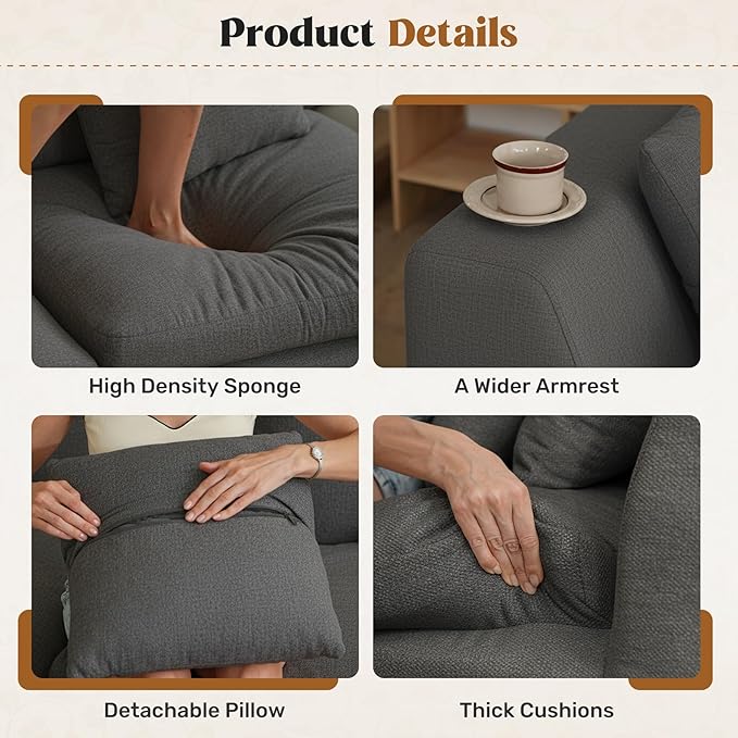 115" Cloud Boneless Sectional Couch, Deep Seat L Shaped Modular Couch with Ottoman, Oversized Upholstered Convertible 4 Seater Modular Sofa for Living Room,DarkGary Chenille