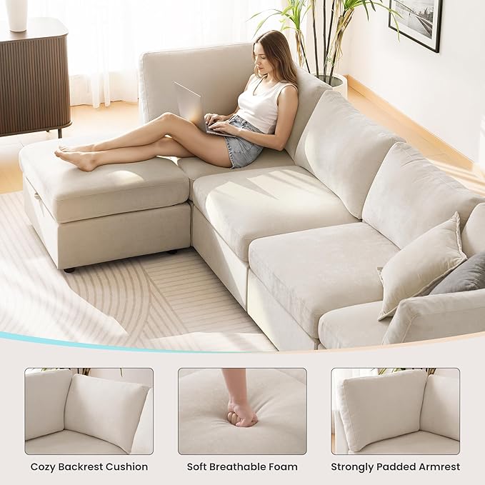 TEKAMON 96" Modular Sectional Sofa,Large Comfy Cloud 3-Seat Deep Seat,Reversible Chaise Modular Sectional Couches for Living Room and Apartmenr,Beige
