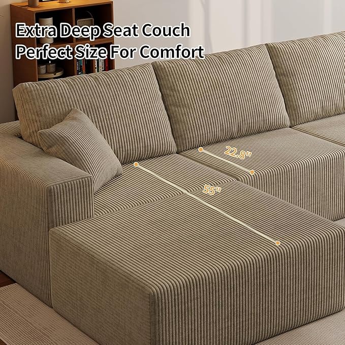 110" Boneless Cloud Sectional Couch for Living Room, Compressed Modular L-Shaped Sofa with Deep Seat, Frameless Corduroy Couch in Boxes, No Assembly Required 3-Seater (Right-Facing Chaise, Grey)