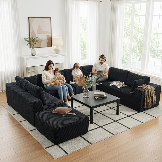 Modular Sectional Cloud Couch for Living Room,Modern Boneless Couche Set with Plush Corduroy,Comfy Floor Sofa with Memory Foam,Stupendous U Shaped Sofa with Chaise,No Assembly Required,Black
