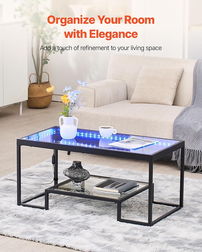 VEVOR Coffee Table, Modern Tempered Glass Coffee Table with Lighting, 2 Tiers Rectangle Glass Center Desk with Open Storage, Minimalist Metal Accent End Desk for Living Room, Office, Easy Assembly