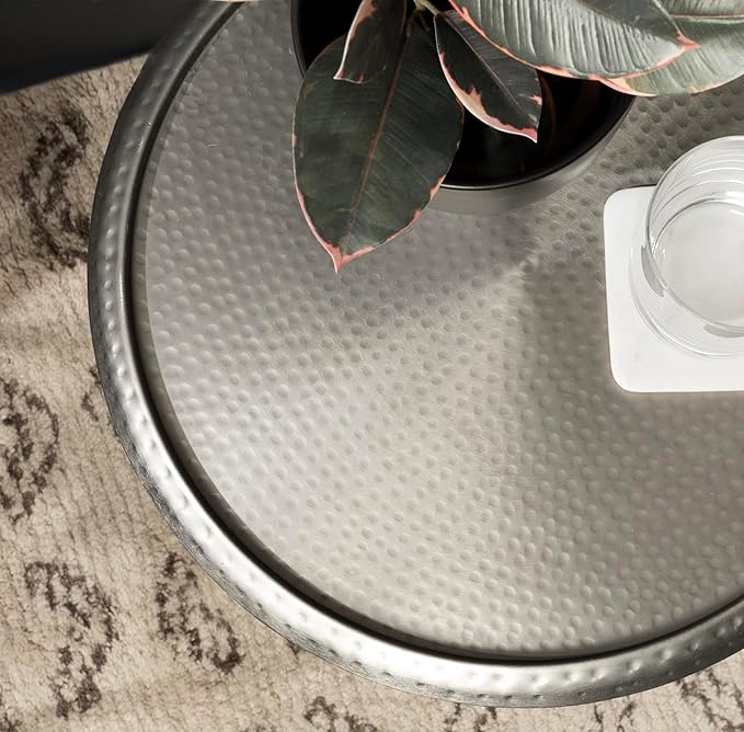 Kate and Laurel Sanzo Modern Pedestal Side Table; 15 x 15 x 24; Antique Silver; Decorative End Table with Hammered Tabletop for Use as a Bedroom Nightstand or Living Room Accent Table