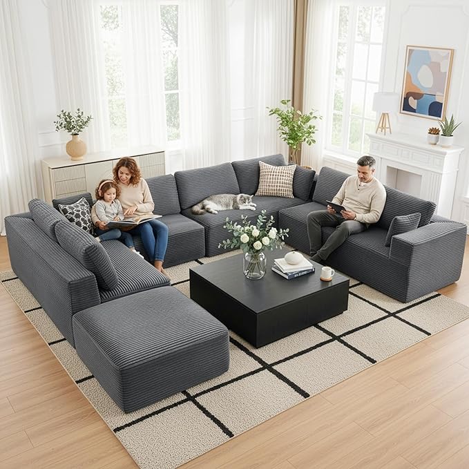 Modular Sectional Cloud Couch for Living Room,Modern Boneless Couche Set with Plush Corduroy,Comfy Floor Sofa with Memory Foam,Stupendous U Shaped Sofa with Chaise,No Assembly Required,Grey