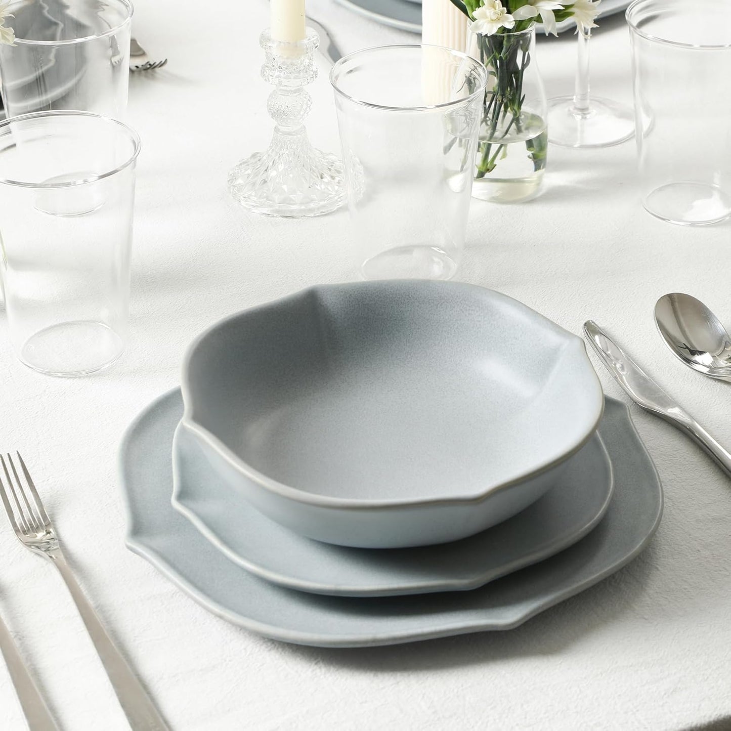 Stone Lain Baskerville 32-Piece Dinnerware Set Stoneware, Borosilicate Glass, Light Blue