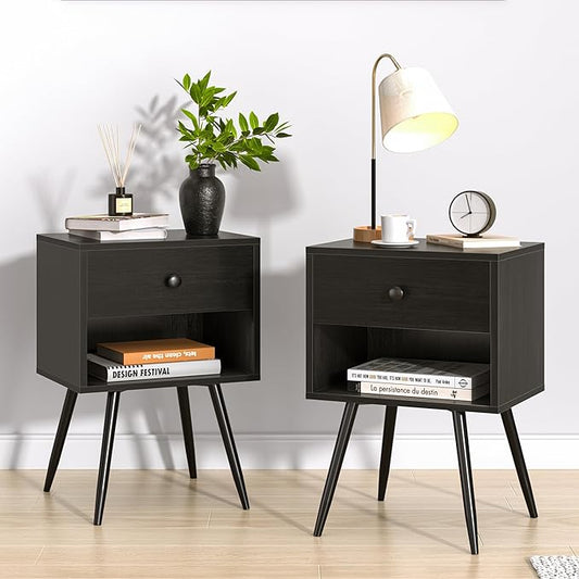 VECELO Nightstands Set of 2, Mid Century Modern End Bedside Table, Night Stand with Storage Drawer and 2 Tiers Open Shelf for Small Place, Bedroom, Living Room, Easy Assembly, Black