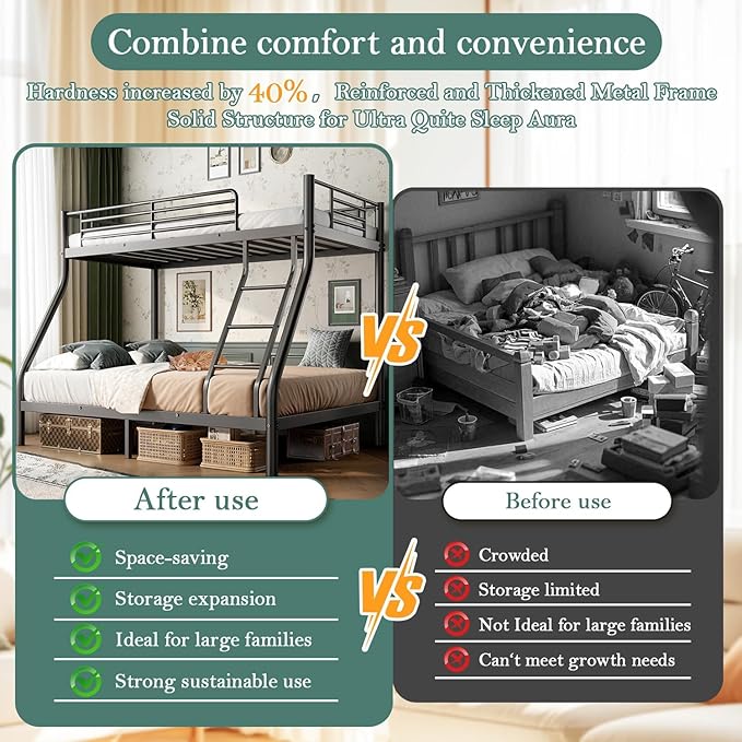 Bunk Beds Twin Over Full Size, Heavy Duty Bunk Beds with Bottom Space & Guardrail Metal Bunk Bed Frame for Adults Dorm Bedroom Guest Room, No Box Spring Needed（Upgrate Black）