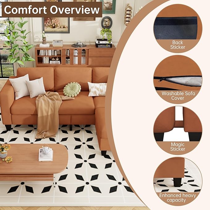 ZeeFu Sectional and Sofa Couches for Living Room - 78'' 3 Seater L-Shaped Modular Couch with Storage Ottoman - Modern Velevt Fabric Upholstered Sofa Set for Small Space Apartment Office