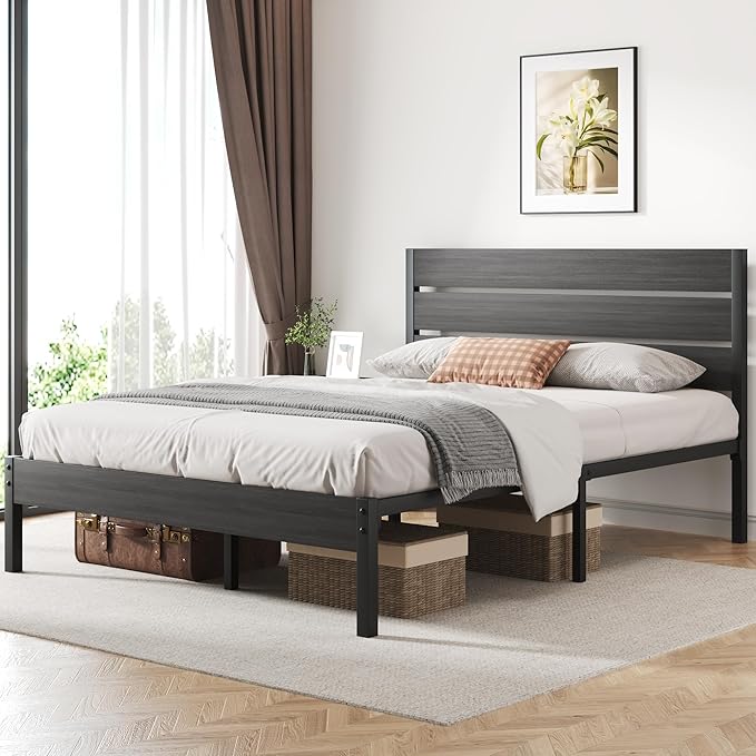 Queen Bed Frame with Headboard and Footboard, Metal Platform Bed Frame with Under Bed Storage, All-Metal Support System, No Box Spring Needed, Easy Assembly,Rustic Grey