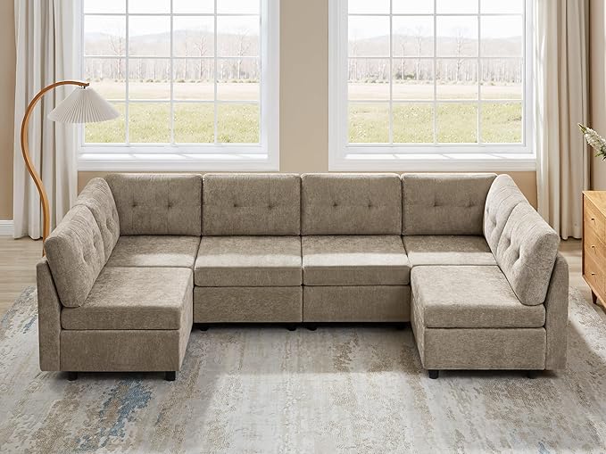 VANOMi 6 Seat Modular Cloud Sofa, 118" Convertible Sectional Cloud Sofas & Couches for Living Room, Comfy Chenille Sectional Couch Sofa for Living Room, Apartment, Office, Camel, L/U Shaped