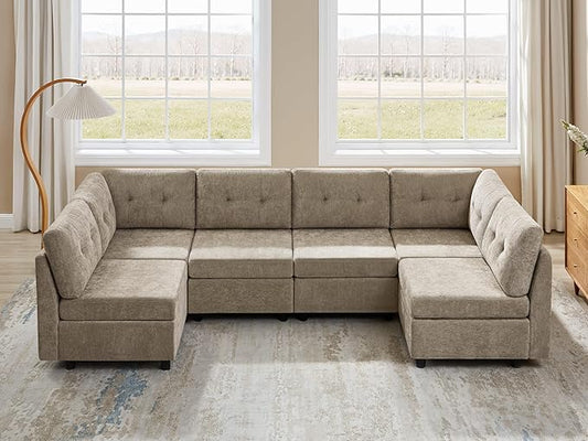 VANOMi 6 Seat Modular Cloud Sofa, 118" Convertible Sectional Cloud Sofas & Couches for Living Room, Comfy Chenille Sectional Couch Sofa for Living Room, Apartment, Office, Camel, L/U Shaped