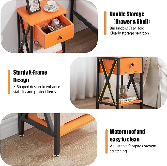 VECELO End Tables, Modern Nightstand with Drawer & Shelf, Night Stand for Bedroom Living Room,Industrial Metal Frame