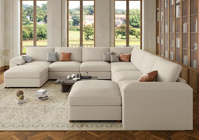 EASE MOOSE Oversized U Shaped Couch,Modular Sectional Convertible Sofa with Wide Deep,Extra Large Faux Leather Scratch Resistant Modern Couch for Big Spaces Living Room,Beige