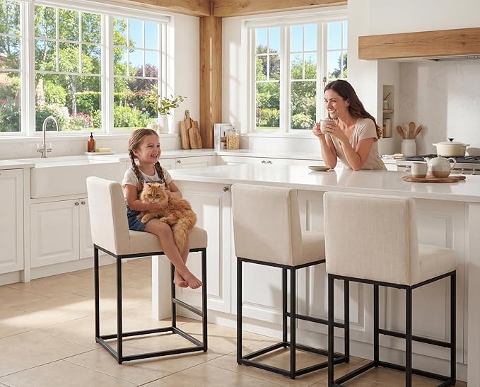 27" Counter Height Bar Stools Set of 3 with Back and Footrest for Kitchen Modern Metal Barstools, Linen Upholstered Bar Chairs Island Stools, Beige