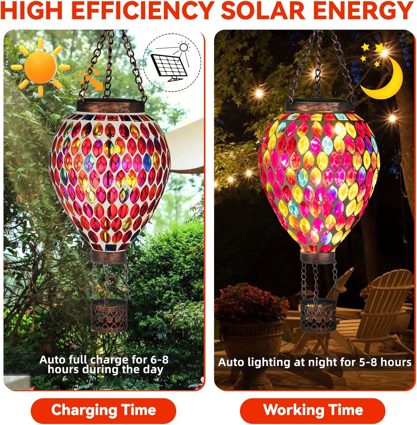 VOREEN Hot Air Balloon Solar Lantern, Mosaic Solar Outdoor Hanging Wind Light, Waterproof, Patio Festive Decor, Gift for Mom Wife Friend, Red