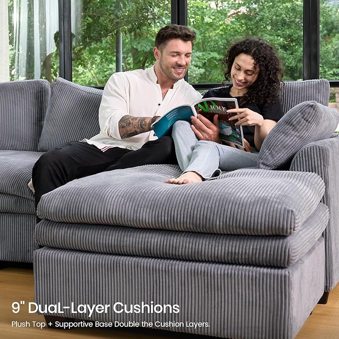 Belffin Large Modular Sectional Sofa with Double 61" Loveseat, Corduroy Corner Couch with 9" Soft Dual-Layer Seats Cushion for Living Room, Apartment, Small Sapce, Light Grey