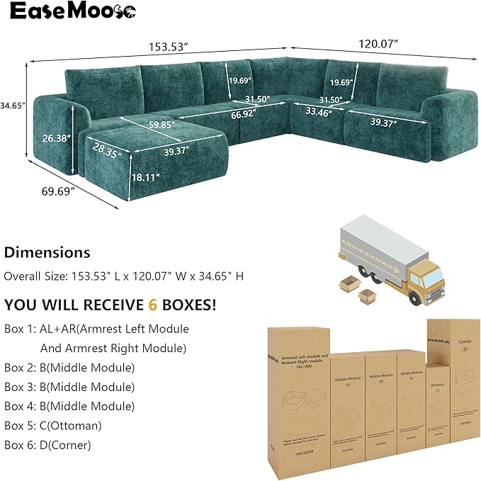 EASE MOOSE Sectional Cloud Couch Oversized for Living Room,7-Seat Modular Boneless Sofa U-Shaped Sofa with Ottoman, No-Assembly Chenille Couch, Blue