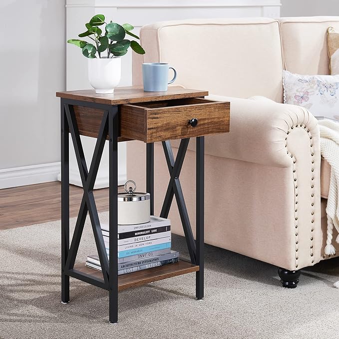 VECELO Modern Versatile Nightstands X-Design Side End Table with Storage Basket Night Stand Storage Shelf for Living Room Bedroom