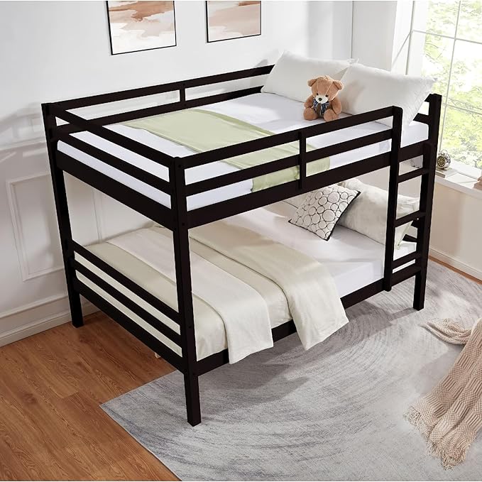 Full Over Full Bunk Bed with Thick Posts,Wooden Bunk Bed with High Guardrail and Ladder for Kids, Teens, Dorm Rooms, and Guest Rooms,No Box Spring Needed, Espresso