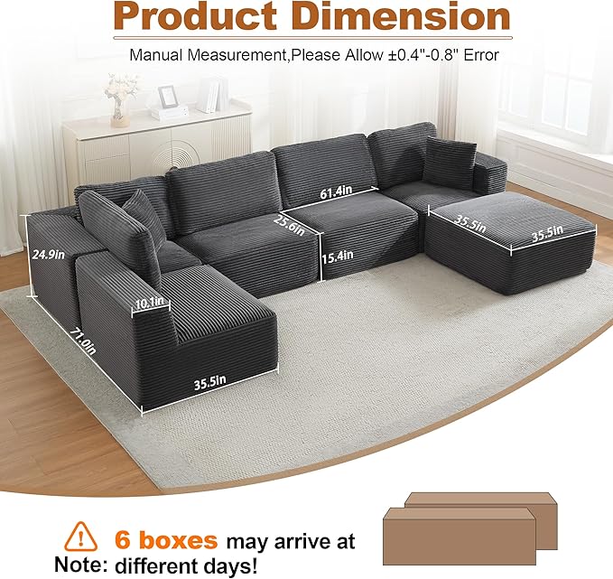 Modular Sectional Cloud Couch for Living Room,Modern Boneless Couche Set with Plush Corduroy,Comfy Floor Sofa with Memory Foam,Stupendous U Shaped Sofa with Ottoman,No Assembly Required,Grey