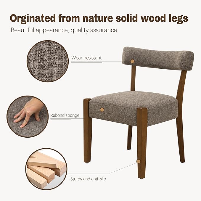 Modern Dining Chairs Set of 6, Walnut Upholstered Kitchen & Dining Room Chairs, Mid Century Wooden Dining Chairs Oversized Sturdy Fabric Rounded Chairs Curved Back, Tan Brown