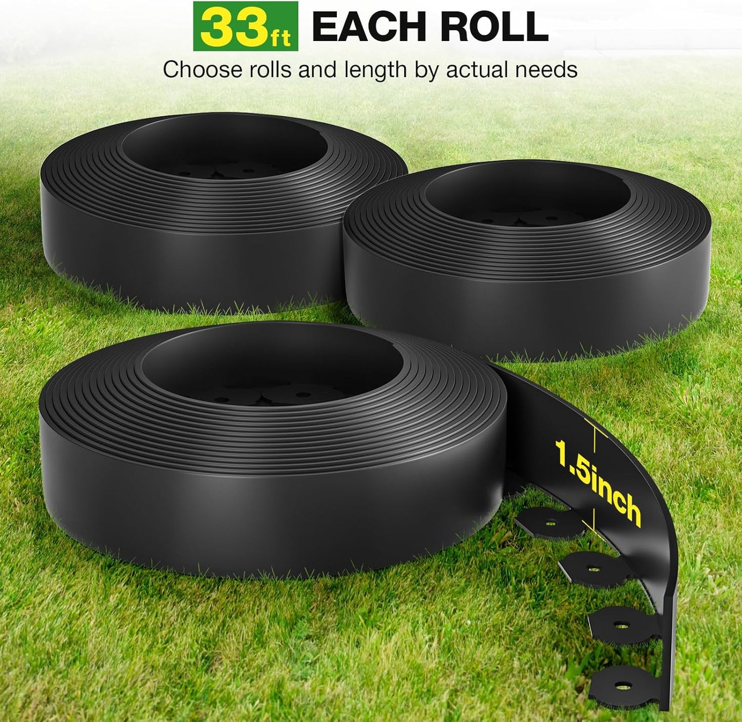 MIXC 33ft, 1.5in Tall Landscape Edging Kit with 50 Spikes, No-Dig Flexible Plastic Edge Border for Landscaping, Lawn, Garden, Flower Beds, Yard, Paver, Playground, Fence, Pathway, Black,1pack,33ft
