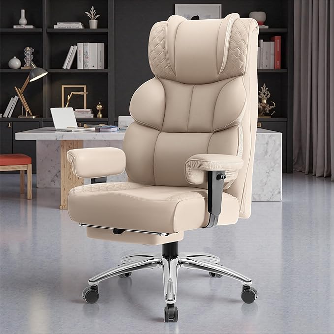 Office Desk Chair, Big and Tall Leather Gaming Chair with Footrest, Wide Ergonomic Comfy Executive High-Back Reclining Computer Chairs, Swivel Rolling Wheels and Padded Lumbar Support, Beige