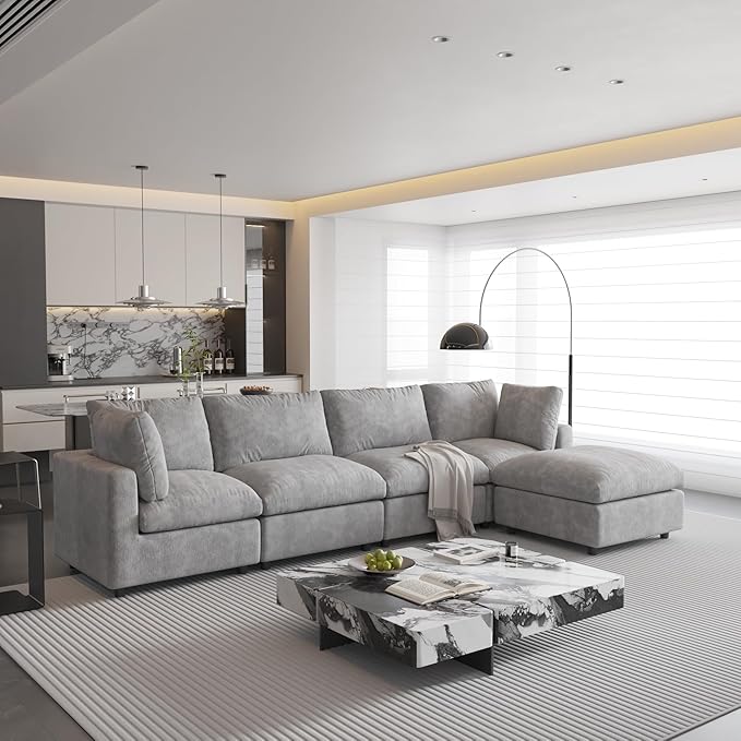 WJShome L Shaped Sectional Couch 134 Inch 4-Seater Modern Modular Sofa with Ottoman,Chenille Deep Seat Couches for Living Room, Bedroom and Apartment，Gray
