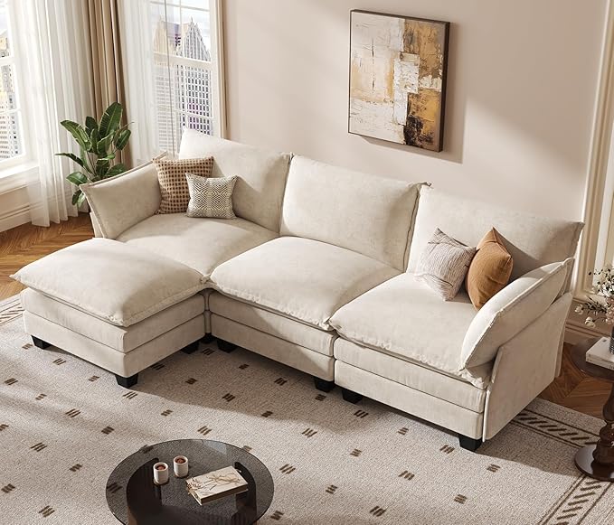 KKL 91.3" Modular Sectional Sofa, L-Shaped 4 Seater Cloud Couch with Ottoman, Chenille Modern Sectional Couches for Living Room, Apartment, Beige
