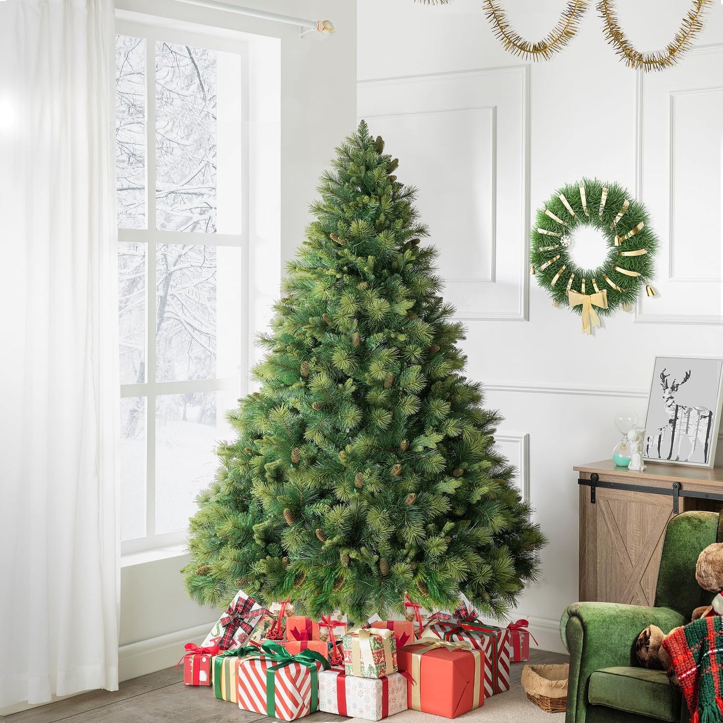 Naomi Home Vail 4.5ft Prelit Artificial Christmas Tree with Pine Cones, Foot Pedal, 561 Branch Tips, 300 Warm Lights and Metal Stand, 38" Wide Realistic Traditional Christmas Tree with Lights