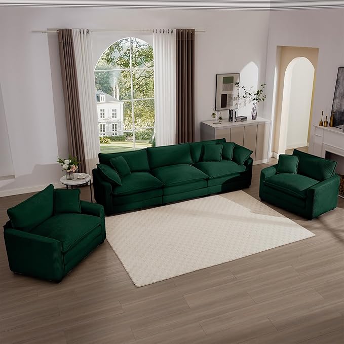 mikibama Luxury 3 Piece Sofa Set, 3-Seater & 2 Single Sofa Set, Modern Corduroy Comfy Cloud Couches Set for Living Room Office with 2 Armrest Pillows and 5 Toss Pillows, Green