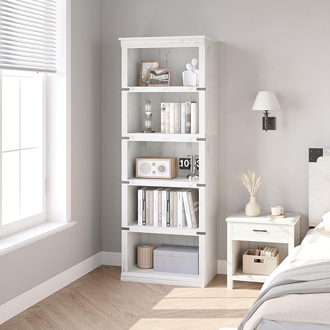 IDEALHOUSE 5 Tier Bookcase, Farmhouse Book Shelf with Storage, Tall Book Case Wooden 5 Shelf Bookcase for Home Office, Living Room, Bed Room (White, 67.4" H x 24.6" W x 12.8" D)