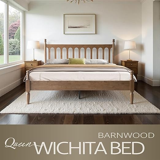 Queen Size Bed Frame with Headboard & Footboard, Solid Wood Platform Design, Center Metal Legs with 12 Durable Slatted Base, No Box Spring Needed, Anti-Slip & Noise-Free, Barnwood Finish, WCQ-30