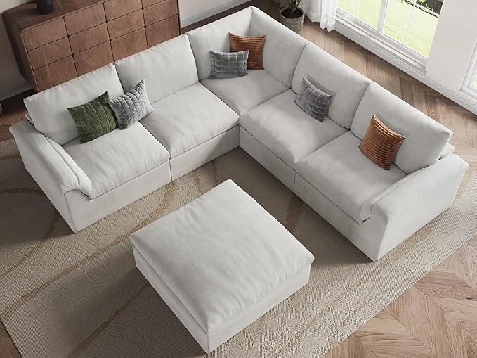EASE MOOSE Boneless Modular Cloud Couch, Oversized L-Shaped Sectional Sofa for Living Room with Ottoman, Extra Large Movable Couches, 6-Deep-Seat Sofas for Bedroom, Apartment, Chenille (White)