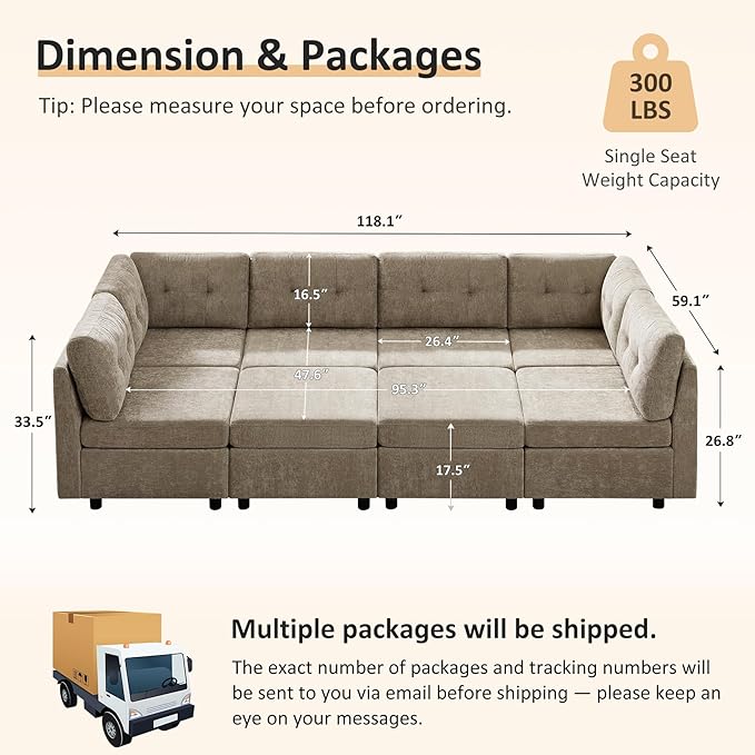 VANOMi 6 Seat Modular Cloud Sofa with 2 Ottomans, 118" Convertible Modular Sectional Sofa Bed, Comfy Chenille Sofas & Couches for Living Room, Apartment, Office, Camel, Large Sofa Bed
